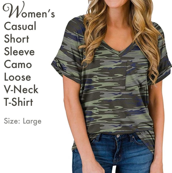 Boutique Tops - Casual Short Sleeve Camo V-Neck T-Shirt